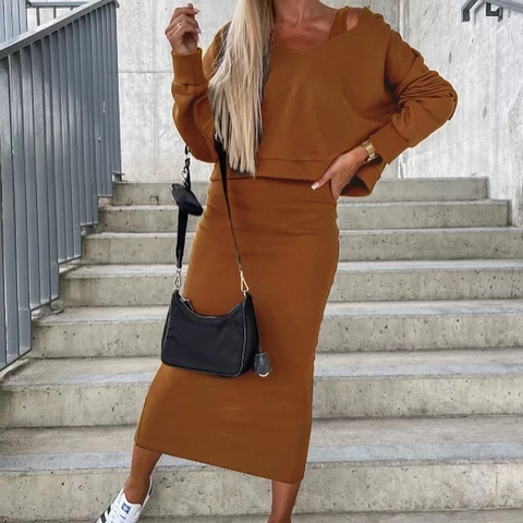Completo Donna Casual Tinta Unita Felpa con Cappuccio Top Corto e Abito Longuette Senza Maniche Aderente Streetwear Moda