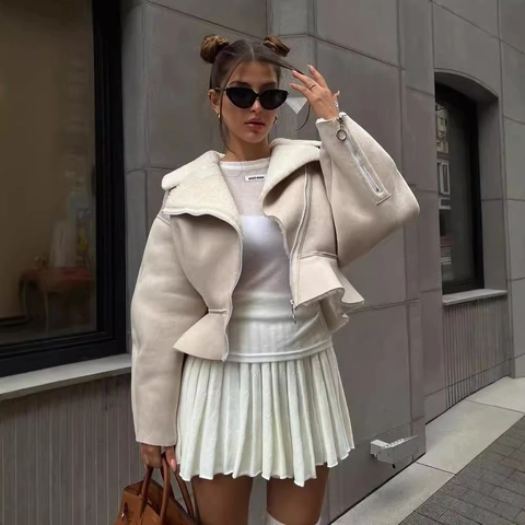 Dames Faux Shearling Peplum Jas Suède Revers Gevoerde Korte Moto Jas Rits Effen Kleur Warme Bovenkleding