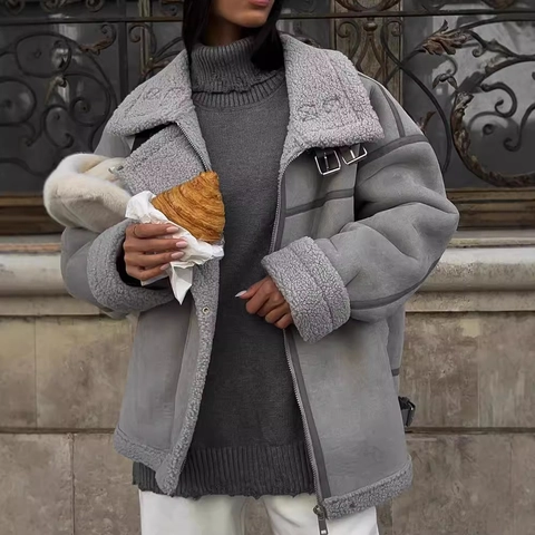 Damen Mode Lammfellimitat Moto Jacke Oversized Fleece Gefüttert Wildleder Fliegerjacke Winter Warm Patchwork Reißverschluss Oberbekleidung