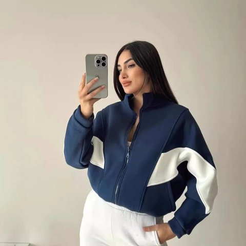 Chaqueta con Cremallera y Cuello Alto de Patchwork Casual para Mujer Sudadera de Manga Larga con Bloques de Color