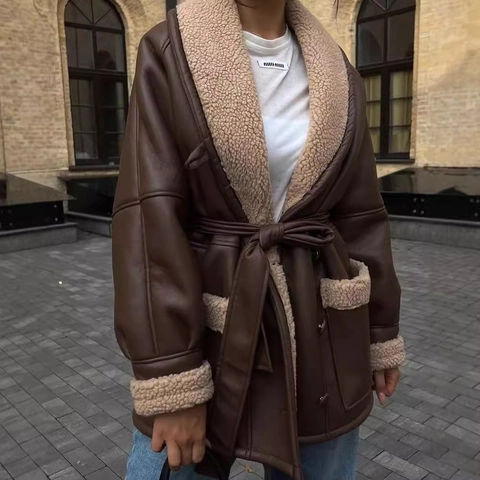 Women's Faux Leather Shearling Jacket Mid-Length Faux Fur Trim Patchwork Coat With Belt Long Sleeve Fall Winter Outwear