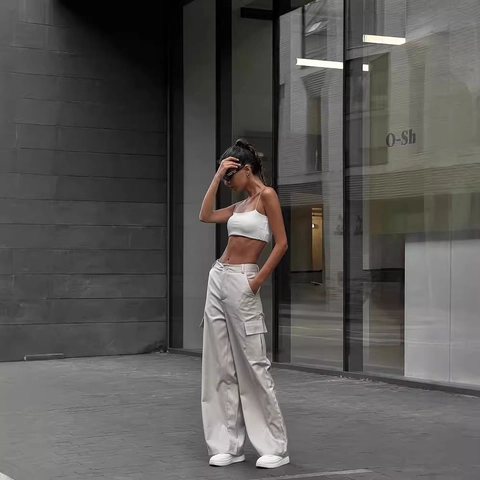 Pantaloni Cargo a Vita Alta da Donna in Fibra di Poliestere Vestibilità Larga Gamba Dritta Casual Con Tasche a Patta Streetwear