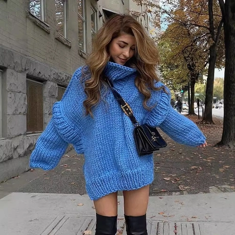 Women's Oversized Chunky Knit Sweater High Neck Long Sleeve Pullover Loose Fit Solid Color Warm Winter Ribbed Jumper Top