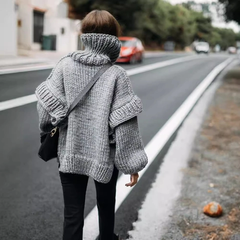 Women's Oversized Chunky Knit Sweater High Neck Long Sleeve Pullover Loose Fit Solid Color Warm Winter Ribbed Jumper Top