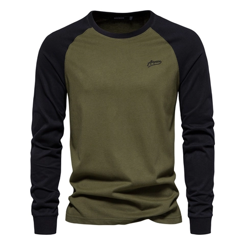 Men Raglan Long Sleeve Shirt Cotton Casual Contrast Patchwork Crew Neck Base Layer Top With Logo Embroidery Fashion Wear