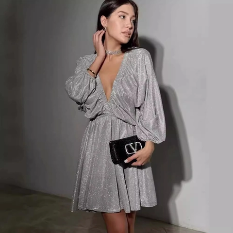 Sexy Tiefer V-Ausschnitt Laternenärmel Pailletten Mini Kleid Für Damen Elegant Einfarbig Glitzer Party Abend Club Nacht Outfits