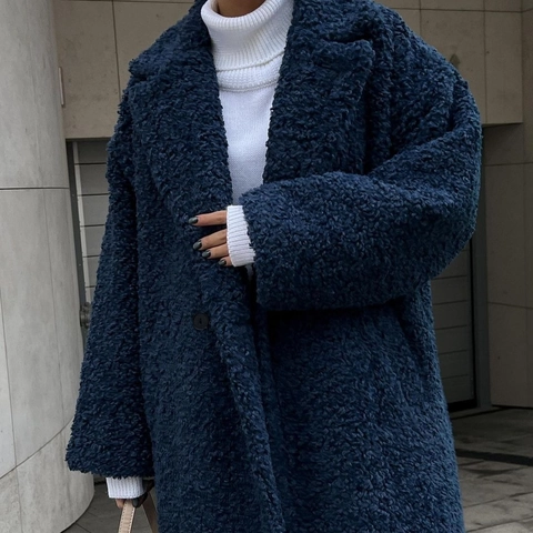 Abrigo Teddy de Invierno para Mujer Chaqueta de Piel de Cordero Artificial Larga Doble Botonadura Solapa Sobretodo Holgado Cálido
