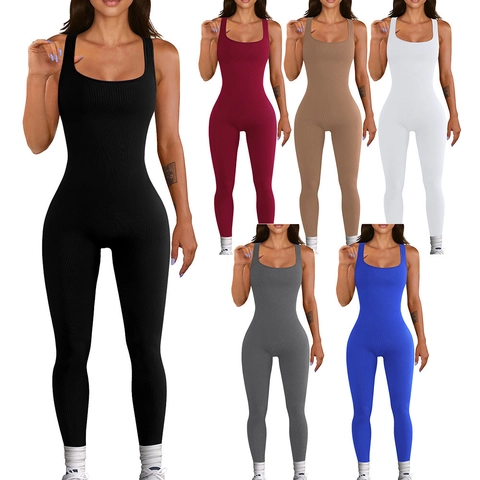 Women's Casual Ribbed Sleeveless Jumpsuit Square Neck Backless Slim Fit Athletic Yoga Bodysuit Solid Color Romper One Piece