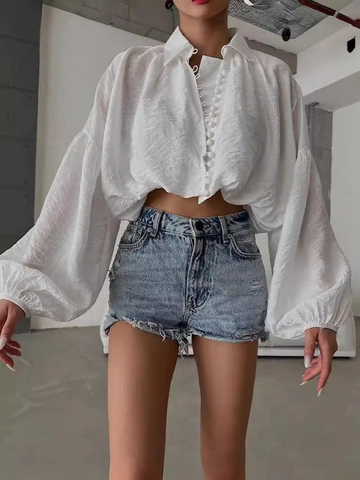 Blusa de Moda para Mujer con Solapa y Mangas Abullonadas Corta Holgada Camisa de Color Sólido Casual Streetwear Elegante