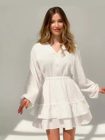 Damen V-Ausschnitt Laternenärmel A-Linie Minikleid Knöpfe Vorne Elastische Taille Rüschensaum Einfarbig Casual Sommer Party Kleid