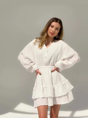 Damen V-Ausschnitt Laternenärmel A-Linie Minikleid Knöpfe Vorne Elastische Taille Rüschensaum Einfarbig Casual Sommer Party Kleid