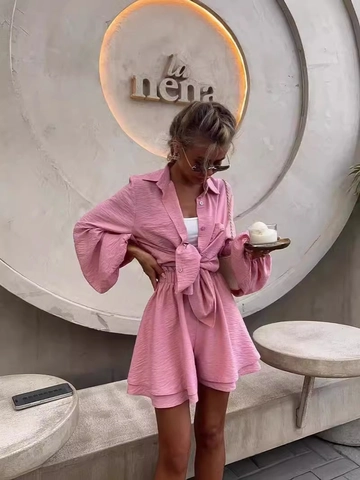 Women Casual Polyester Top And Shorts Set Solid Color Long Sleeve Tie Front Shirt Ruffle Wide Leg Shorts Vacation Outfit