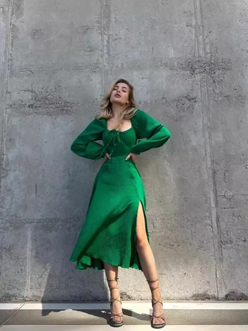 Women Sexy Square Neck Long Sleeve Maxi Dress Side Slit Drawstring Crinkle Texture French Style Solid Color Elegant Dress