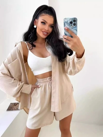 Lässiges 2-Teiliges Damen-Outfit Langarmhemd Mit Einreihiger Knopfleiste Und Shorts Mit Hoher Taille Einfarbig Crinkle-Textur