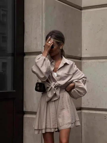 Women Casual Polyester Top And Shorts Set Solid Color Long Sleeve Tie Front Shirt Ruffle Wide Leg Shorts Vacation Outfit