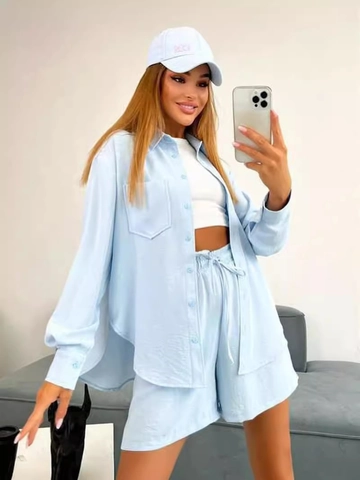 Lässiges 2-Teiliges Damen-Outfit Langarmhemd Mit Einreihiger Knopfleiste Und Shorts Mit Hoher Taille Einfarbig Crinkle-Textur