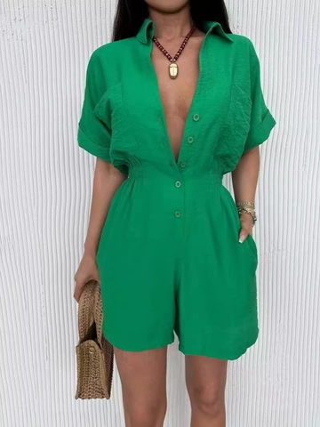 Women's Summer Casual V Neck Romper Short Sleeve Button Down Jumpsuit With Elastic Waist Pockets Loose Solid Color Playsuit