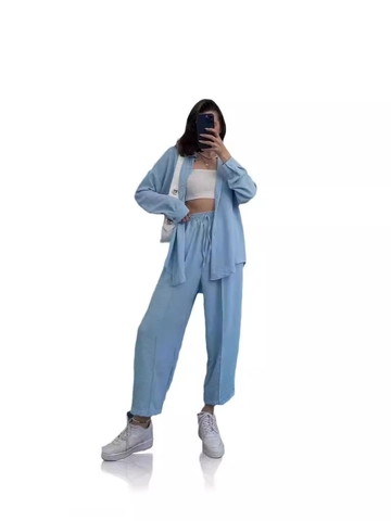 Damen Casual Zweiteiler Set Einfarbig Geknitterte Textur Langarm Revers Hemd Und Weite Hose Mit Kordelzug