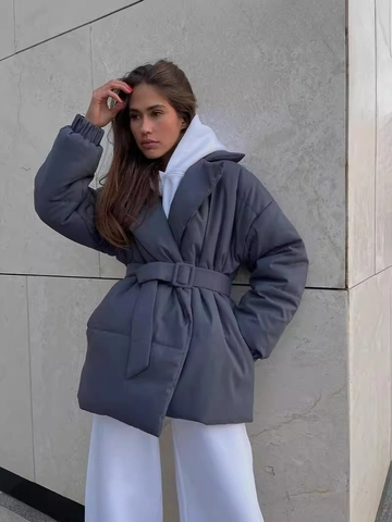 Women Winter Padded Jacket Belted Waist Quilted Parka Lapel Collar Solid Color Warm Mid Length Cotton Coat Outwear