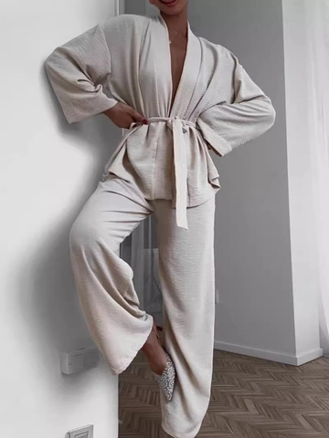 Donna Casual Loungewear Due Pezzi Top E Pantaloni Crinkle Crepe Cintura V-Collo Kimono Wrap Completo Pigiama Casa Vacanza