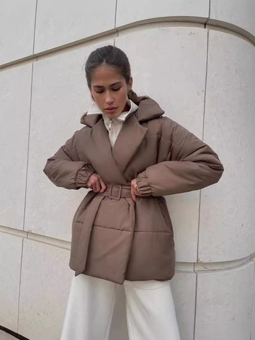 Women Winter Padded Jacket Belted Waist Quilted Parka Lapel Collar Solid Color Warm Mid Length Cotton Coat Outwear