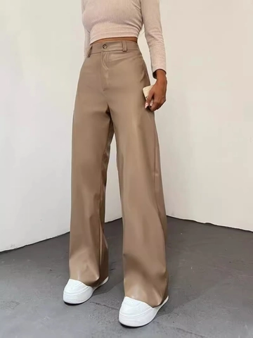 Damen Hohe Taille Kunstleder Weite Hose Gerade PU Hosen Lässig Salbeigrün Schwarz Khaki Mode Vintage Unten