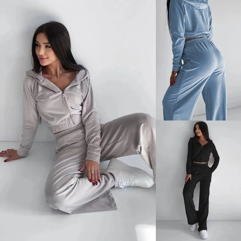 Women Casual Velvet Hoodie And Wide Leg Pants Set Solid Color Autumn Winter Lounge Tracksuit Outfits For Women