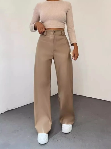 Damen Hohe Taille Kunstleder Weite Hose Gerade PU Hosen Lässig Salbeigrün Schwarz Khaki Mode Vintage Unten