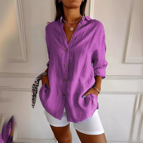 Camisa Plisada de Botones Casual para Mujer Color Sólido Blusa de Manga Larga con Solapa Holgada Top de Oficina Moda