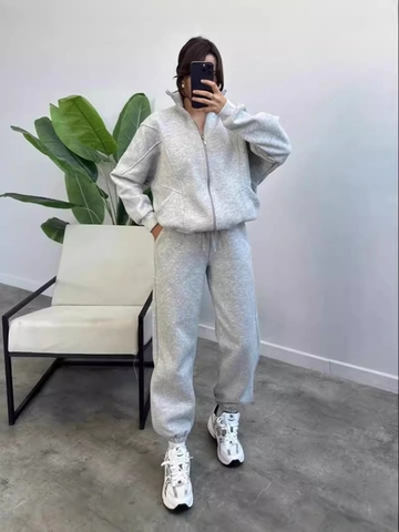 Women's Fleece Lined Tracksuit 2 Piece Set Oversized Zipper Hoodie Jacket And Jogger Pants Solid Color Casual Sporty Outfits