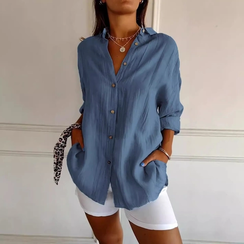 Camisa Plisada de Botones Casual para Mujer Color Sólido Blusa de Manga Larga con Solapa Holgada Top de Oficina Moda