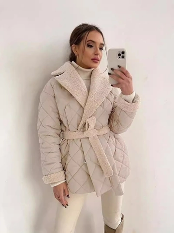Women Fashion Quilted Jacket With Lamb Wool Trim Lapel Padded Coat Adjustable Tie Waist Warm Casual Autumn Winter Outerwear
