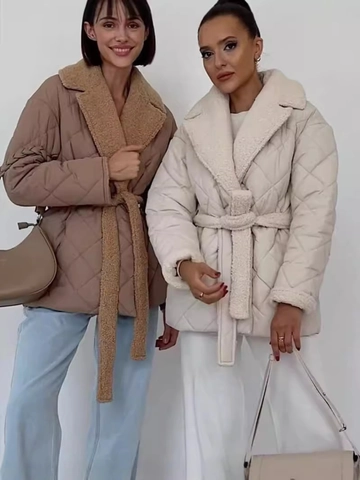 Women Fashion Quilted Jacket With Lamb Wool Trim Lapel Padded Coat Adjustable Tie Waist Warm Casual Autumn Winter Outerwear