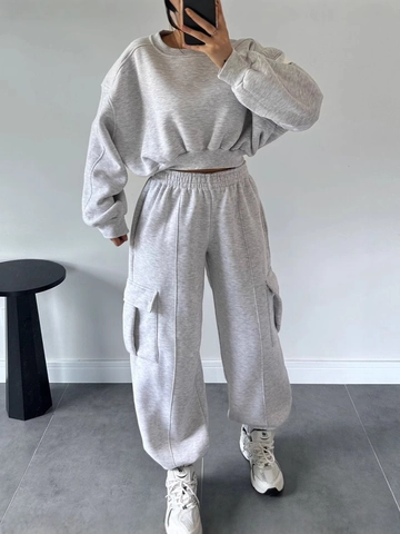 Conjunto Casual para Mujer Sudadera y Pantalón Cargo Cuello Redondo Crop Top Color Sólido Streetwear Loungewear Moda Otoño