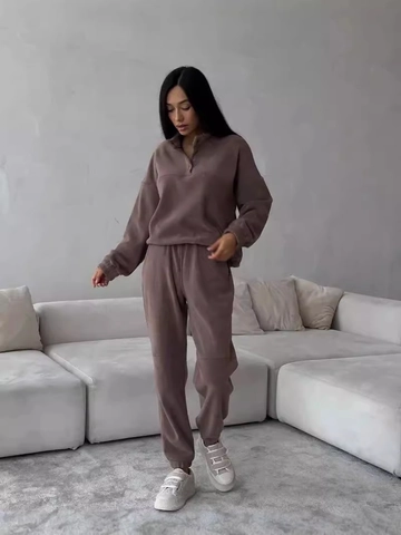 Ensemble de Détente Décontracté en Polaire pour Femmes Couleur Unie Haut à Demi-Zip et Pantalon de Jogging