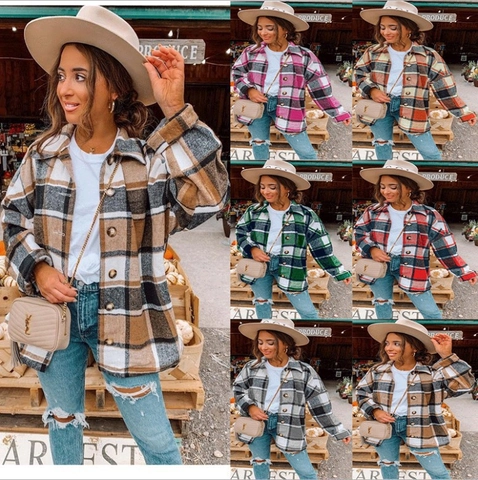 Giacca a Camicia a Quadri da Donna Casuale Manica Lunga con Bottoni in Cotone Shacket Capispalla Streetwear Retrò per Autunno Inverno