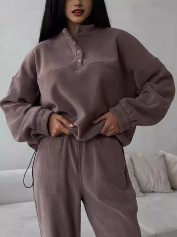 Ensemble de Détente Décontracté en Polaire pour Femmes Couleur Unie Haut à Demi-Zip et Pantalon de Jogging