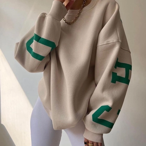 Sweatshirt Oversize Femme Col Rond Épaules Tombantes Imprimé Lettres Streetwear Américain Vintage Pullover Manches Longues Haut Décontracté