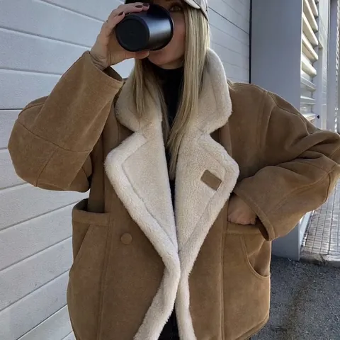 Women's Vintage Faux Suede Sherpa Lined Jacket Loose Warm Faux Shearling Coat Lapel Single Breasted Outerwear For Winter