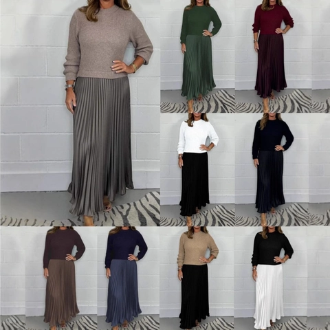Abito Maxi Plissettato a Maniche Lunghe in Maglia da Donna Elegante Tinta Unita Patchwork Girocollo Casual Commuter A-Line Lungo