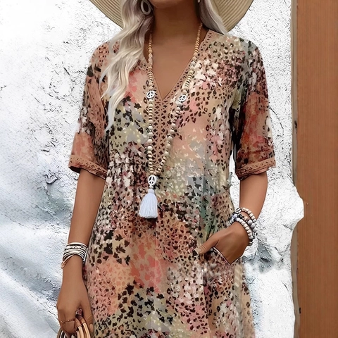 Women's V-Neck Printed Dress Bohemian Summer Holiday Loose Fit Mid-Long Dress With Side Pockets Casual Polyester Robe