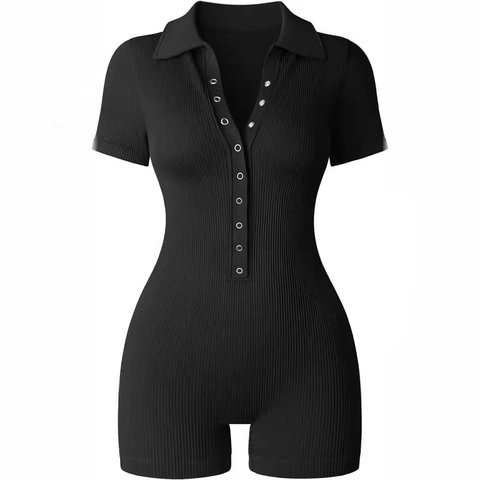 Pagliaccetto da Donna a Costine con Scollo a V Manica Corta Aderente Bottoni Elastico Tuta Sportiva da Yoga Estate