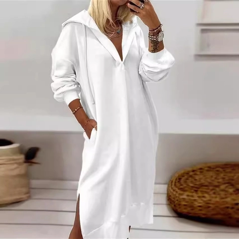 Γυναικείο Casual Μάξι Φόρεμα με Κουκούλα Μονόχρωμο Λαιμόκοψη V Μακρύ Μανίκι Φόρεμα Φούτερ με Σχίσιμο Πλευρικές Τσέπες Χαλαρή Εφαρμογή