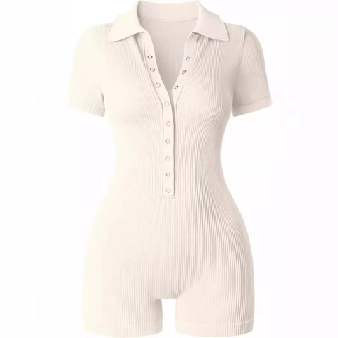 Pagliaccetto da Donna a Costine con Scollo a V Manica Corta Aderente Bottoni Elastico Tuta Sportiva da Yoga Estate