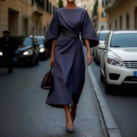 Elegant Solid Color Batwing Sleeve Midi Dress With Belt High Waist Round Neck Polyester Long Gown For Women Commuter