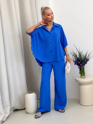 Completo Casual da Donna in Due Pezzi Camicia a Maniche Corte con Revers e Bottoni e Pantaloni a Vita Alta a Gamba Larga