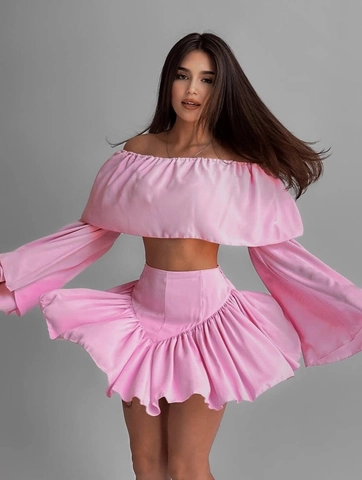 Damen Elegant Schulterfrei Rüschen Top Und Hohe Taille Plissee Minirock Set Langarm Trompetenärmel Satin-Optik Party Outfit
