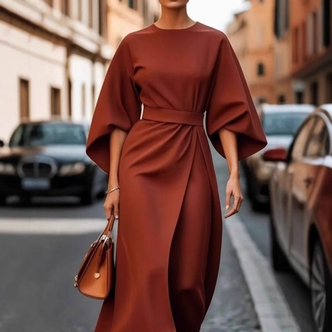 Elegante Vestido Midi de Manga Murciélago Color Sólido Con Cinturón Talle Alto Cuello Redondo de Poliéster Vestido Largo Mujer