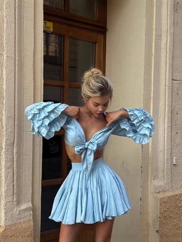 Women Sexy Two Piece Skirt Set V Neck Tie Front Crop Top And Pleated Ruffle Mini Skirt Summer Vacation Outfits Blue White