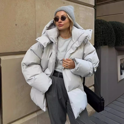 Women Oversized Puffer Jacket Hooded Padded Coat Solid Color Loose Winter Warm Zip Up Parka Top Outwear